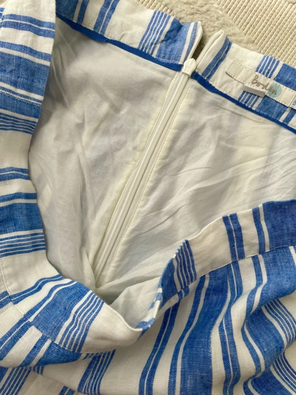 Boden 100% Linen Blue White Stripe A-Line Midi Skirt Lined Side Zip Size 10